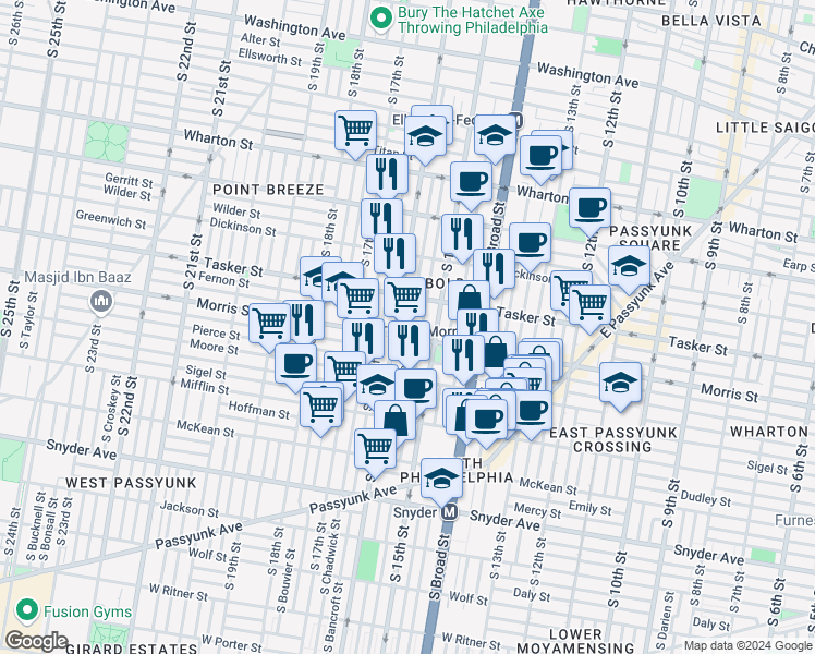 map of restaurants, bars, coffee shops, grocery stores, and more near 1642 South Mole Street in Philadelphia