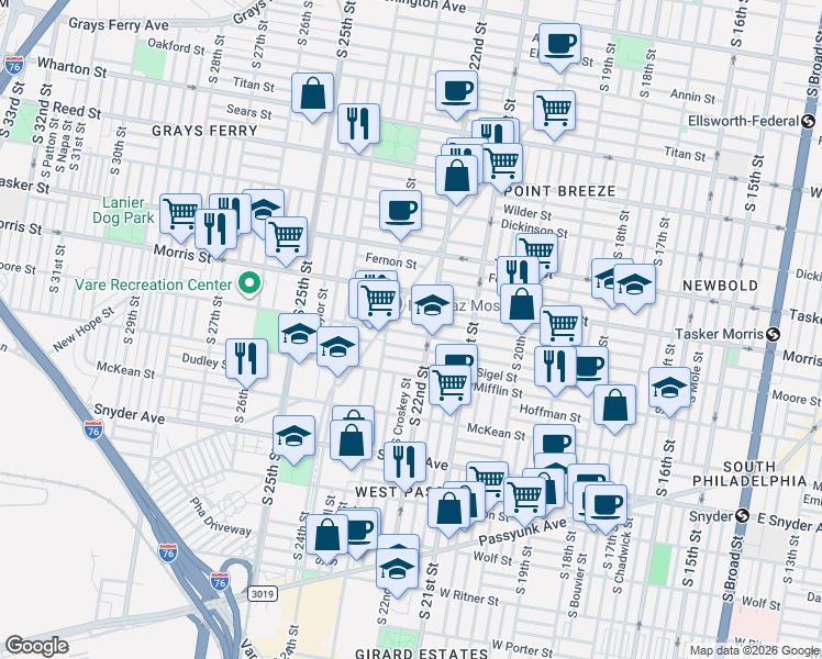 map of restaurants, bars, coffee shops, grocery stores, and more near 2221 Moore Street in Philadelphia