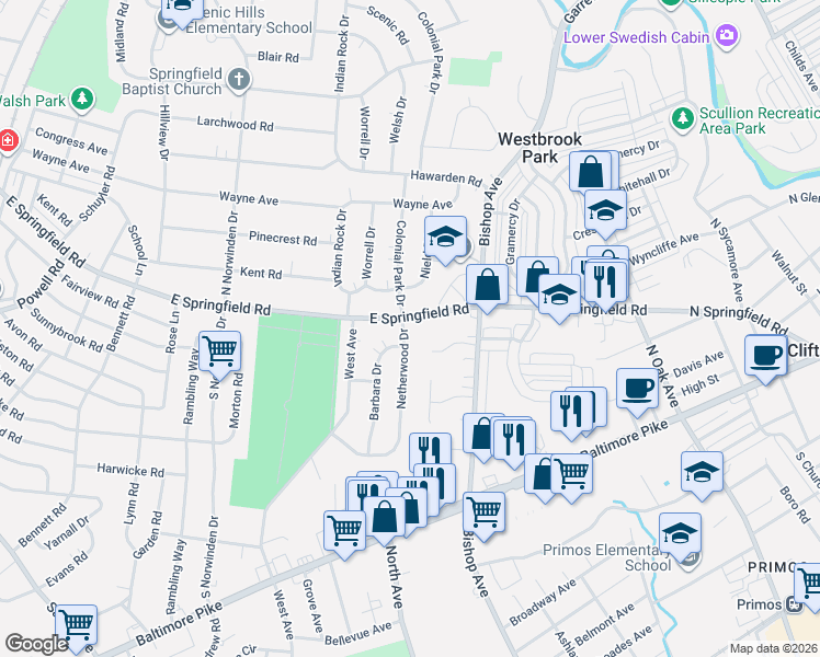 map of restaurants, bars, coffee shops, grocery stores, and more near 9 Netherwood Drive in Springfield