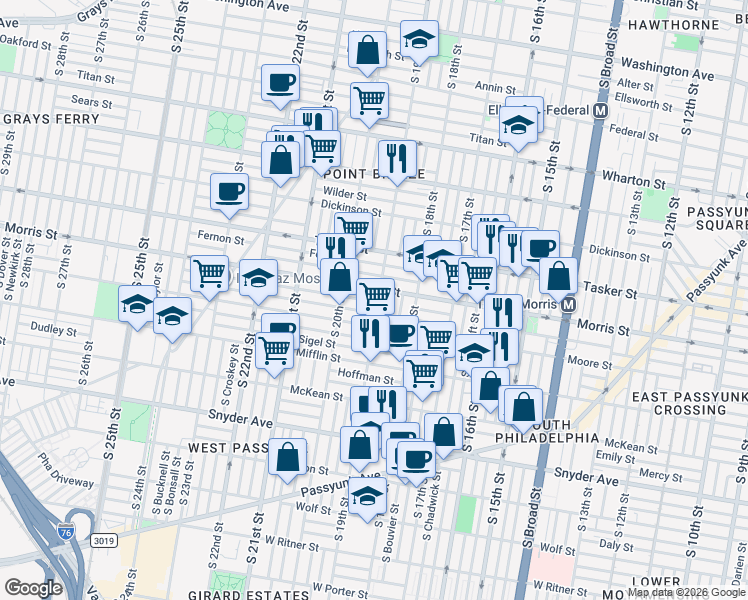map of restaurants, bars, coffee shops, grocery stores, and more near 1911 Watkins Street in Philadelphia