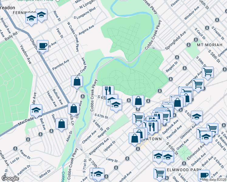 map of restaurants, bars, coffee shops, grocery stores, and more near 1751 South Avondale Street in Philadelphia