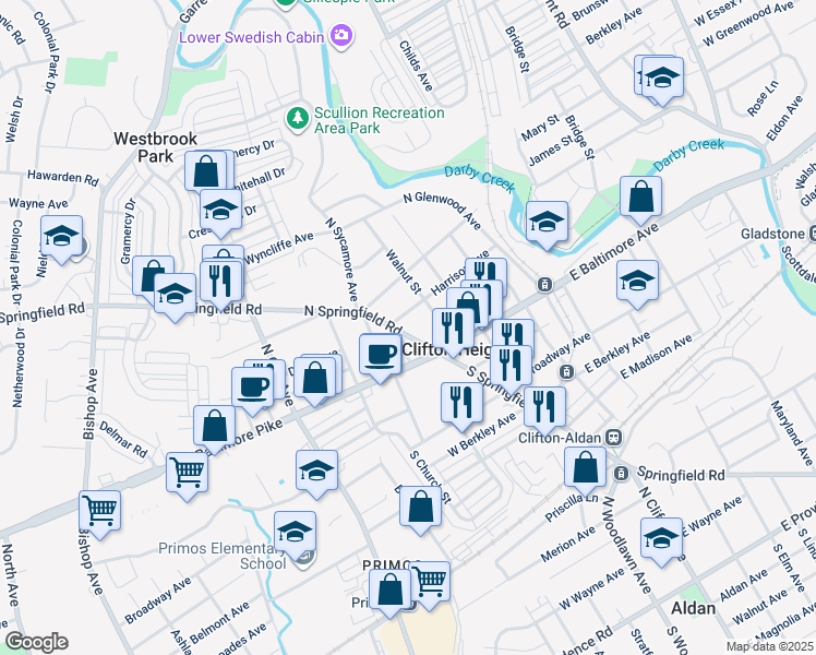 map of restaurants, bars, coffee shops, grocery stores, and more near 59 North Springfield Road in Clifton Heights