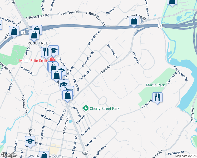 map of restaurants, bars, coffee shops, grocery stores, and more near 203 State Road in Media