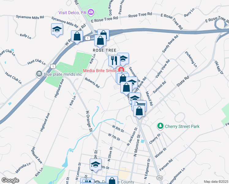 map of restaurants, bars, coffee shops, grocery stores, and more near 125 Carlton Place in Media