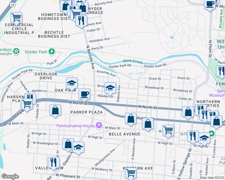 map of restaurants, bars, coffee shops, grocery stores, and more near 1213 Broadway St in Springfield