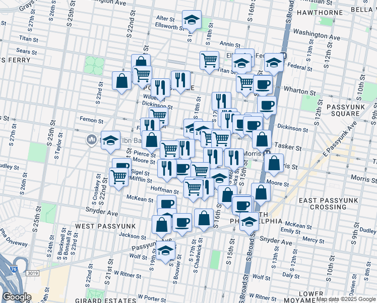 map of restaurants, bars, coffee shops, grocery stores, and more near 1800 Morris Street in Philadelphia