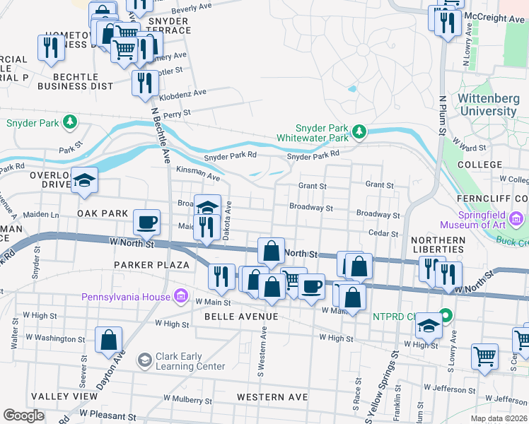 map of restaurants, bars, coffee shops, grocery stores, and more near 1009 Broadway Street in Springfield