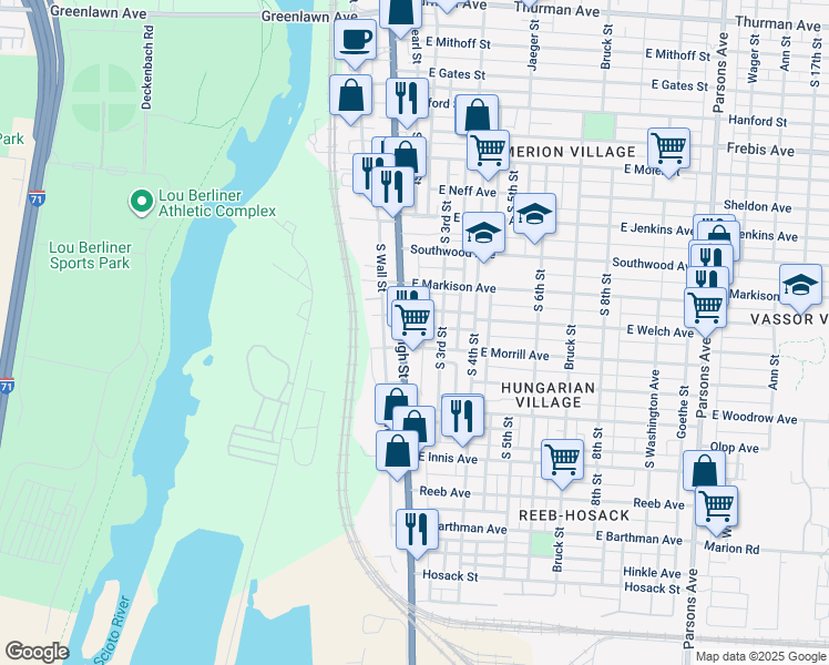 map of restaurants, bars, coffee shops, grocery stores, and more near 1570 South High Street in Columbus