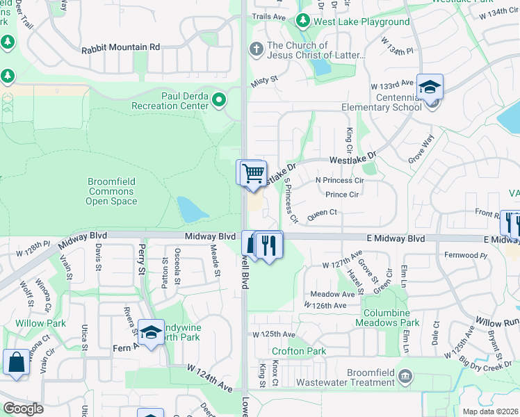 map of restaurants, bars, coffee shops, grocery stores, and more near 12845 King Street in Broomfield