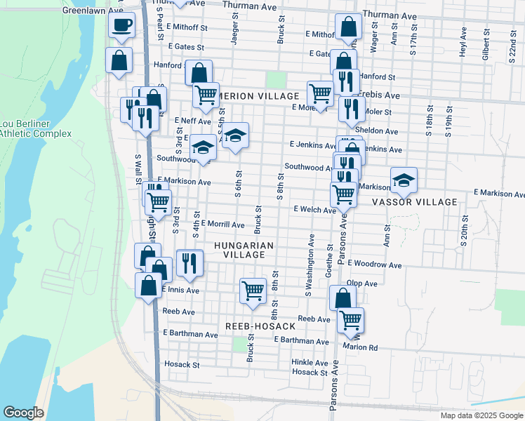 map of restaurants, bars, coffee shops, grocery stores, and more near 1604 Bruck Street in Columbus