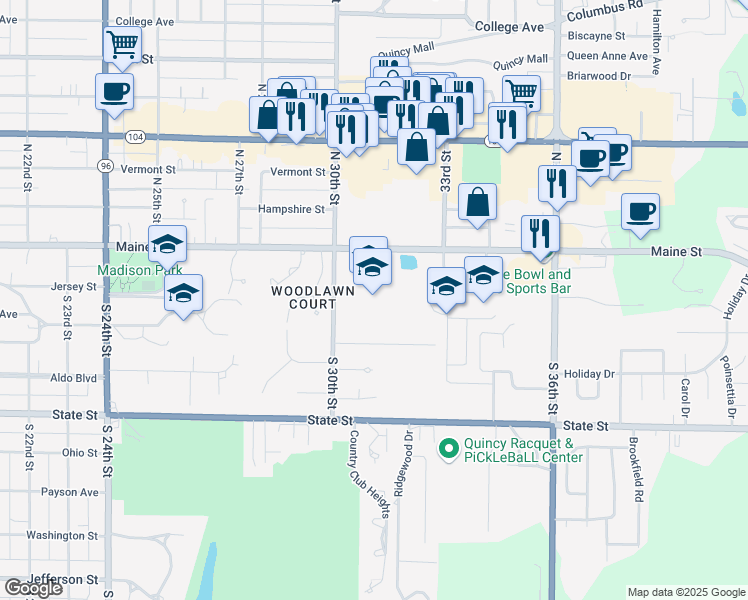 map of restaurants, bars, coffee shops, grocery stores, and more near 3000 Maine Street in Quincy