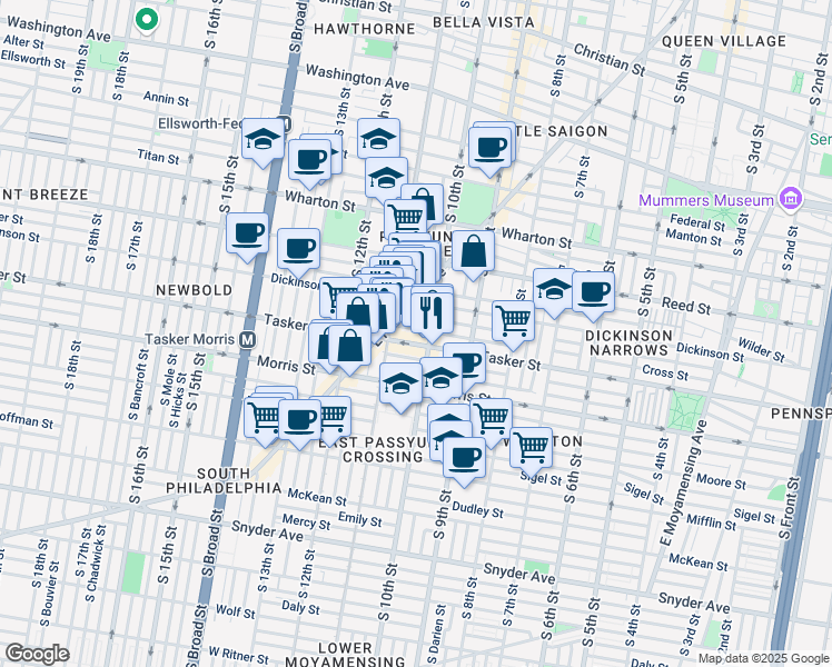 map of restaurants, bars, coffee shops, grocery stores, and more near 1010 Cross Street in Philadelphia
