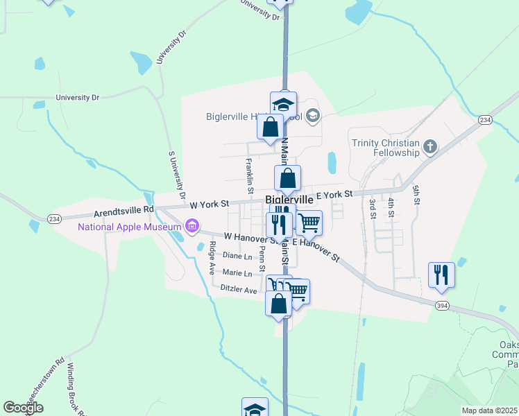 map of restaurants, bars, coffee shops, grocery stores, and more near 9 Penn Street in Biglerville