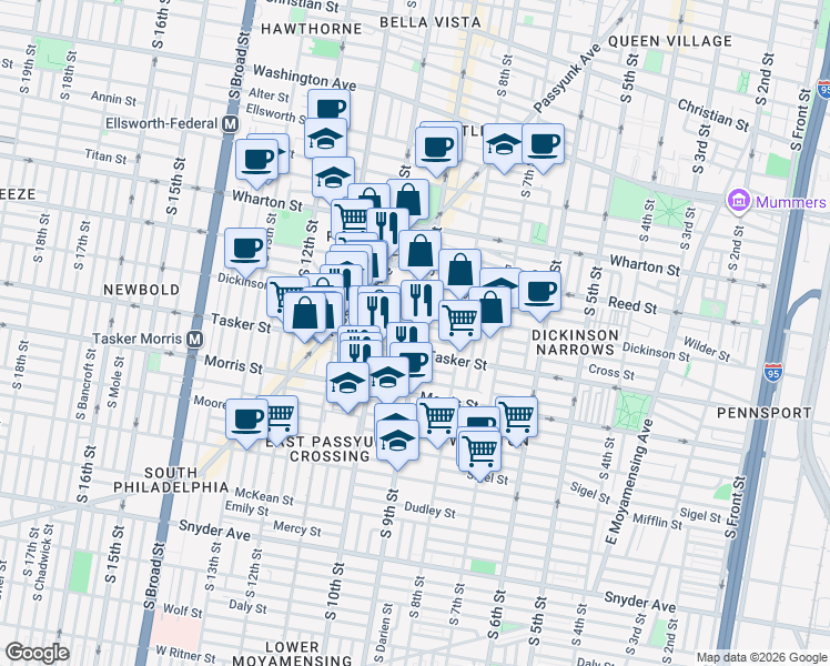 map of restaurants, bars, coffee shops, grocery stores, and more near 911 Cross Street in Philadelphia