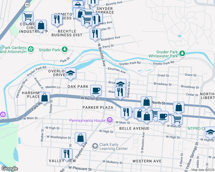 map of restaurants, bars, coffee shops, grocery stores, and more near 307 North Bechtle Avenue in Springfield