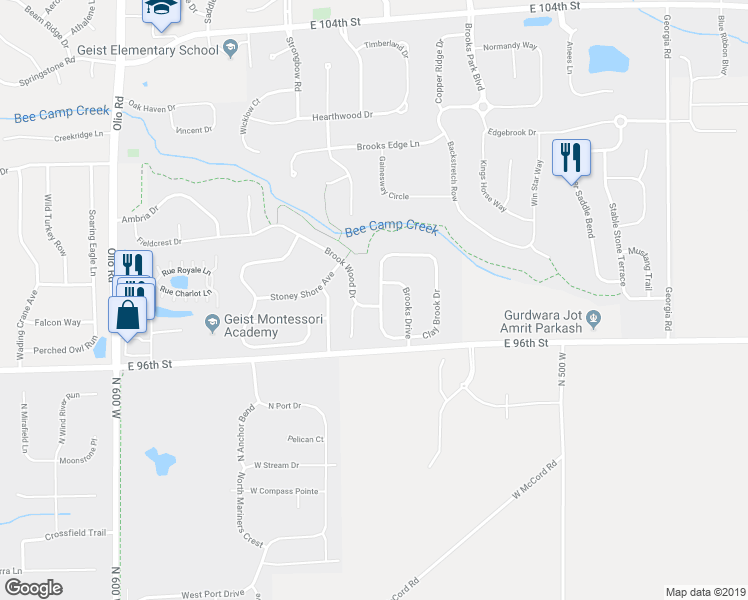 map of restaurants, bars, coffee shops, grocery stores, and more near 9708 Brook Meadow Drive in McCordsville