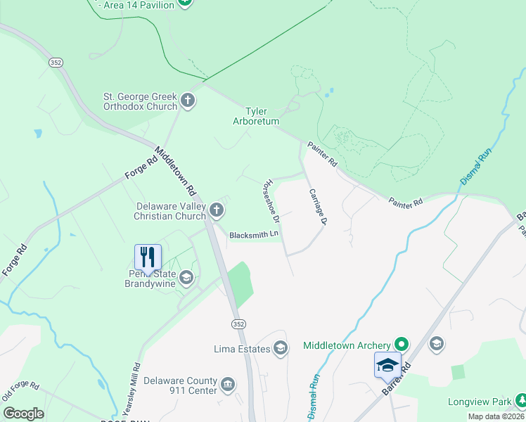 map of restaurants, bars, coffee shops, grocery stores, and more near 512 Horseshoe Drive in Media