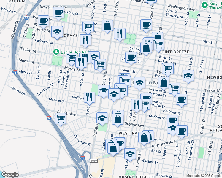 map of restaurants, bars, coffee shops, grocery stores, and more near 1808 South Ringgold Street in Philadelphia