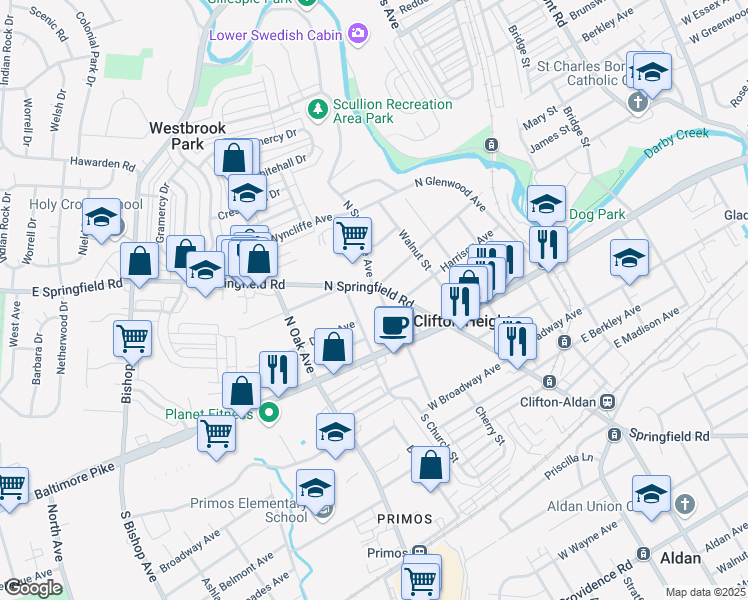 map of restaurants, bars, coffee shops, grocery stores, and more near 66 North Sycamore Avenue in Clifton Heights
