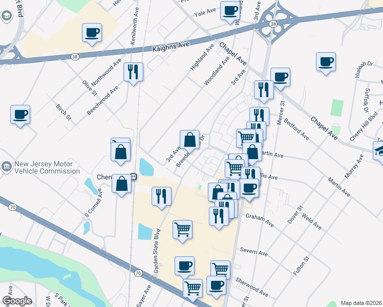map of restaurants, bars, coffee shops, grocery stores, and more near 1207 Preakness Court in Cherry Hill