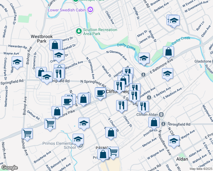map of restaurants, bars, coffee shops, grocery stores, and more near 16 Harrison Avenue in Clifton Heights