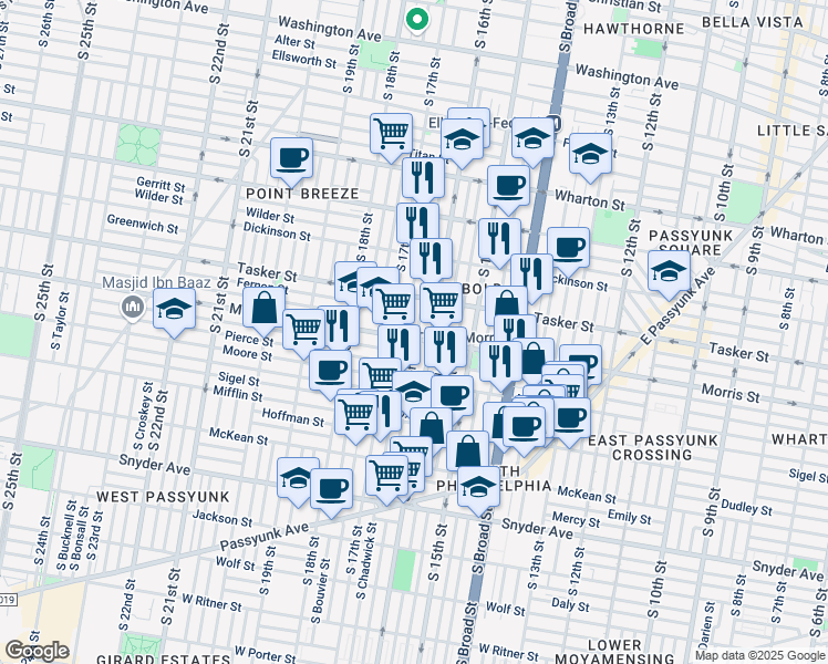 map of restaurants, bars, coffee shops, grocery stores, and more near 1648 South Bancroft Street in Philadelphia