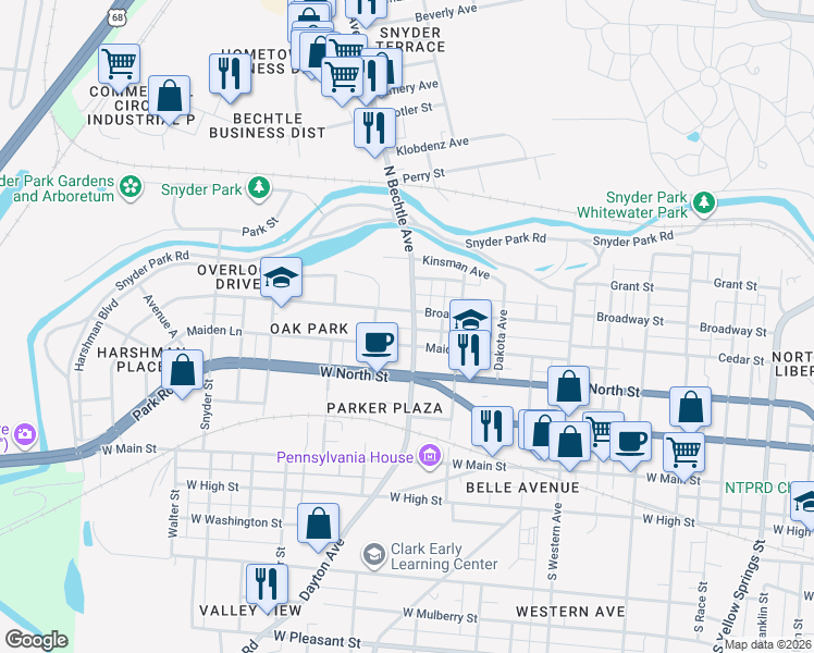 map of restaurants, bars, coffee shops, grocery stores, and more near 307 N Bechtle Ave in Springfield
