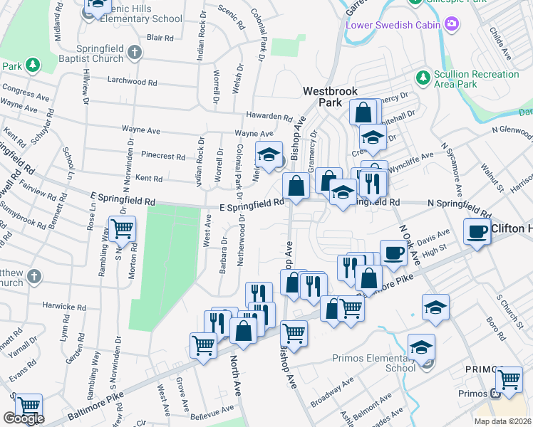 map of restaurants, bars, coffee shops, grocery stores, and more near 626 East Springfield Road in Springfield