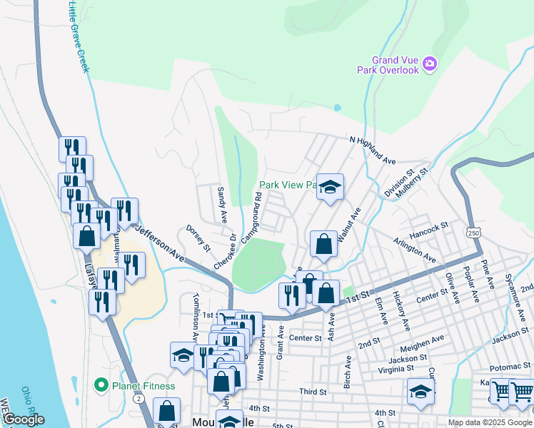 map of restaurants, bars, coffee shops, grocery stores, and more near 32 Simpson Ave in Moundsville
