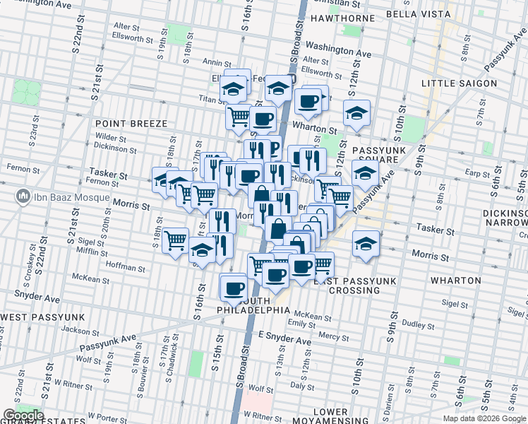 map of restaurants, bars, coffee shops, grocery stores, and more near in Philadelphia