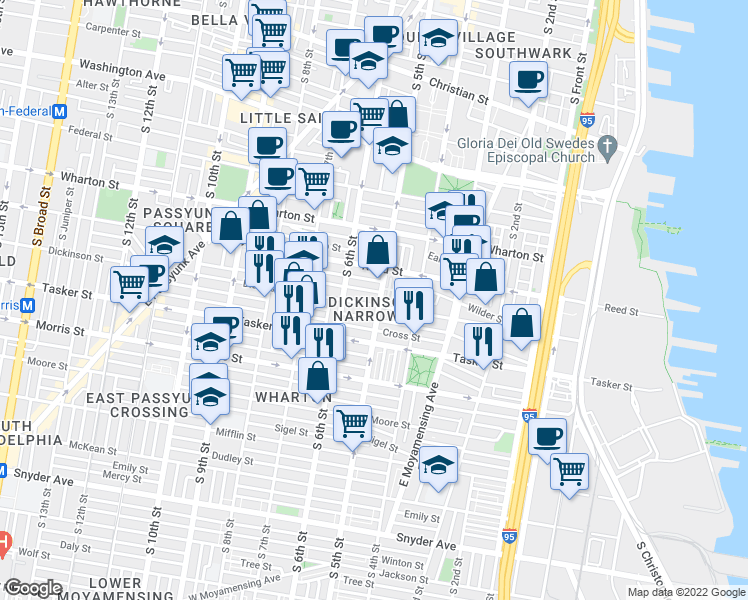 map of restaurants, bars, coffee shops, grocery stores, and more near 1436 South 5th Street in Philadelphia