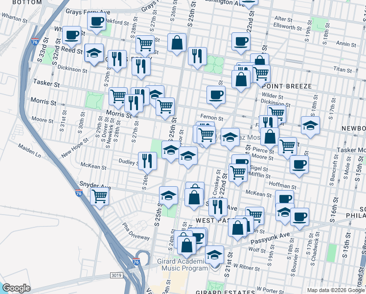 map of restaurants, bars, coffee shops, grocery stores, and more near 1808 South Ringgold Street in Philadelphia