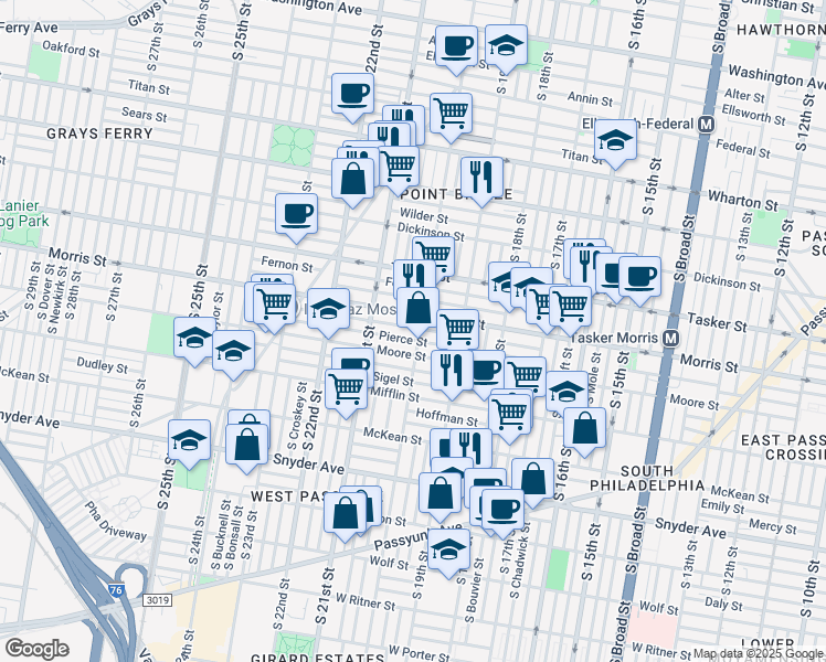 map of restaurants, bars, coffee shops, grocery stores, and more near 1714 South 20th Street in Philadelphia