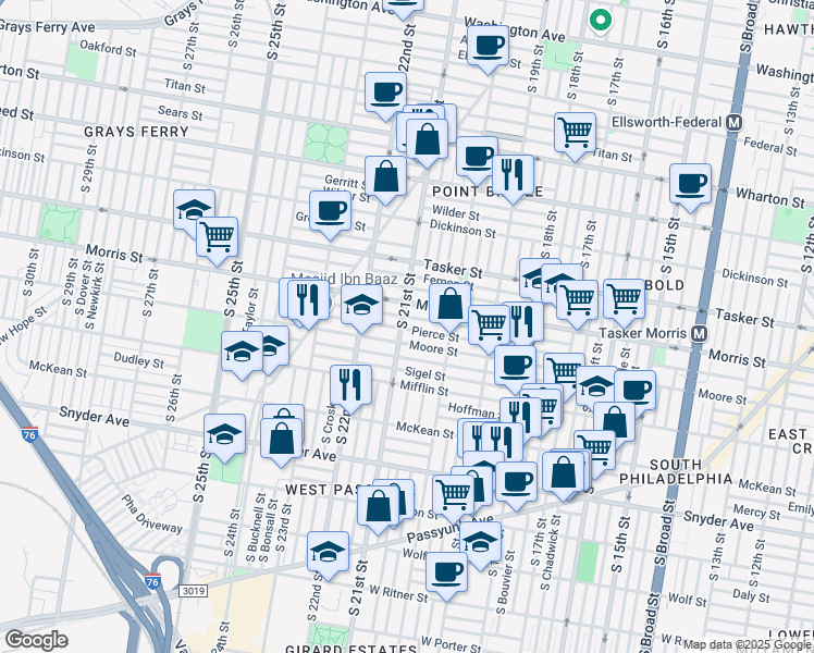 map of restaurants, bars, coffee shops, grocery stores, and more near 1721 South 21st Street in Philadelphia
