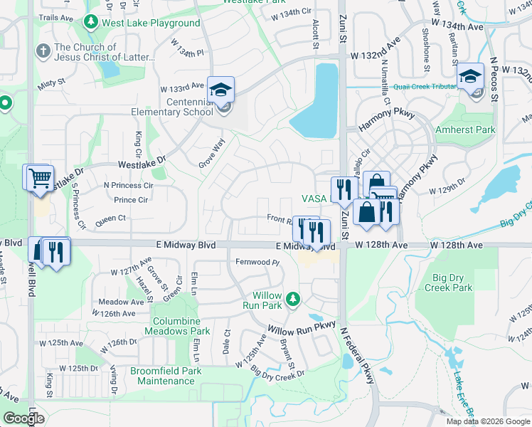 map of restaurants, bars, coffee shops, grocery stores, and more near 2885 East Midway Boulevard in Broomfield
