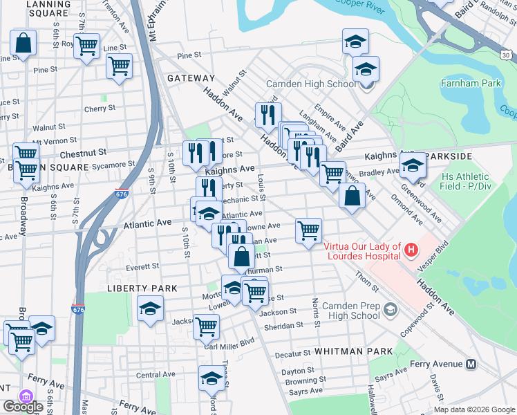 map of restaurants, bars, coffee shops, grocery stores, and more near 1181 Atlantic Avenue in Camden