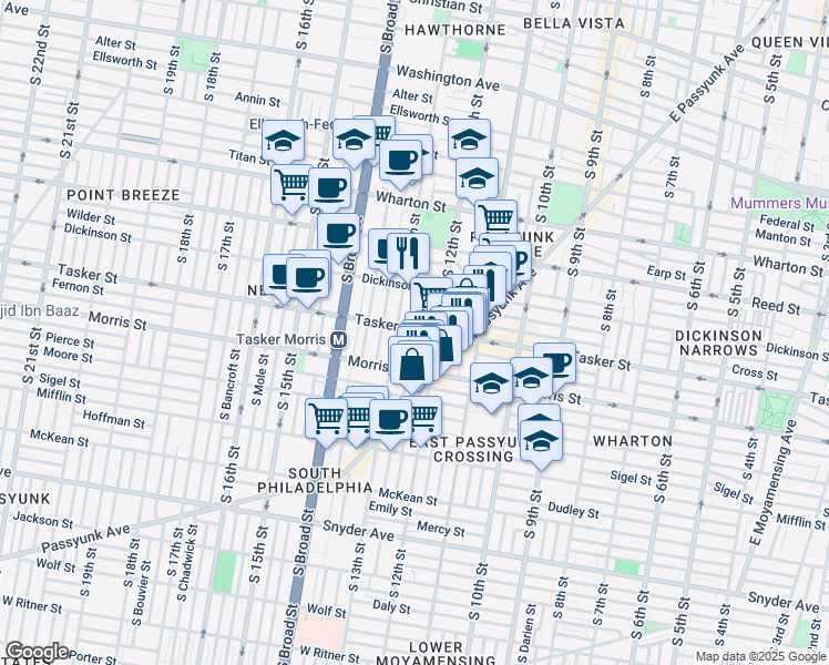 map of restaurants, bars, coffee shops, grocery stores, and more near 1600 South 12th Street in Philadelphia