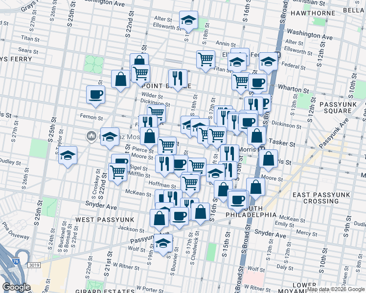 map of restaurants, bars, coffee shops, grocery stores, and more near 1810 Morris Street in Philadelphia
