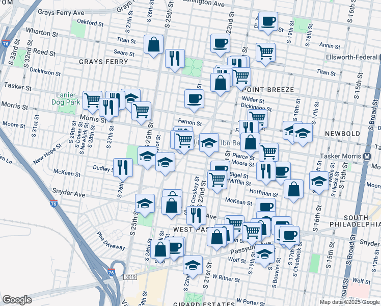 map of restaurants, bars, coffee shops, grocery stores, and more near 2235 Moore Street in Philadelphia