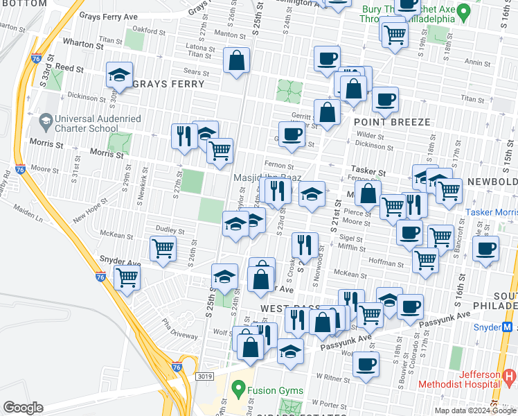 map of restaurants, bars, coffee shops, grocery stores, and more near 2328 Moore Street in Philadelphia
