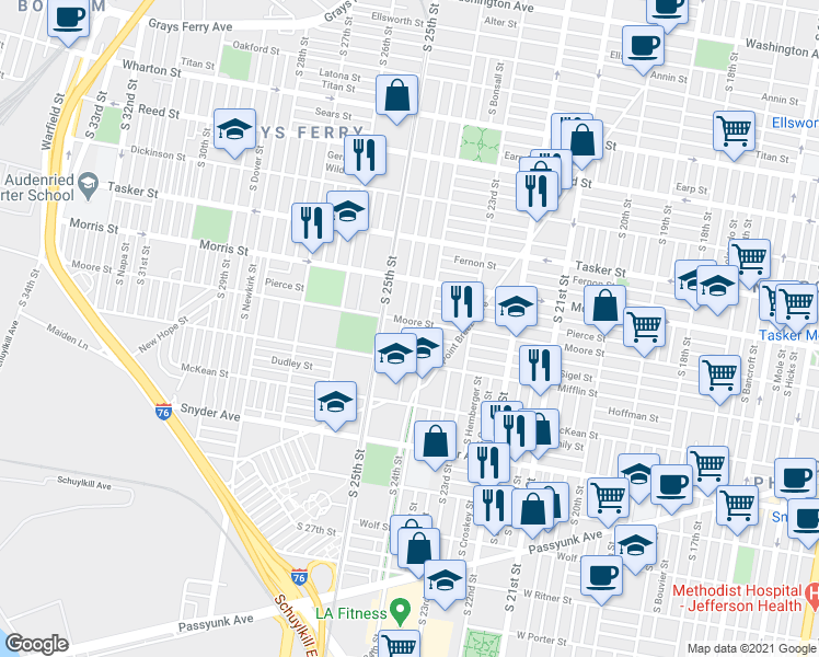 map of restaurants, bars, coffee shops, grocery stores, and more near 1808 South Ringgold Street in Philadelphia