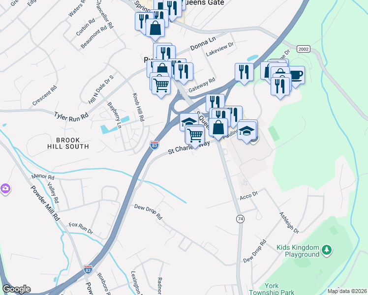 map of restaurants, bars, coffee shops, grocery stores, and more near 392 Saint Charles Way in York