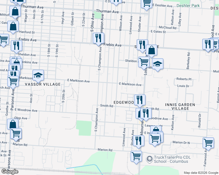 map of restaurants, bars, coffee shops, grocery stores, and more near 1721 Wilson Avenue in Columbus