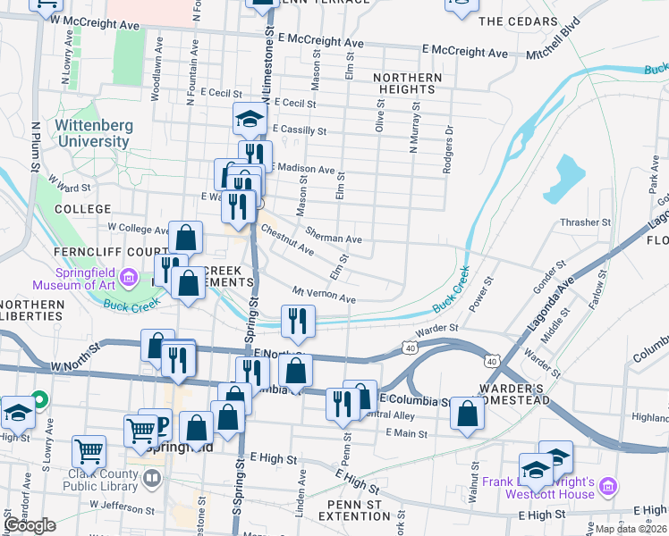 map of restaurants, bars, coffee shops, grocery stores, and more near 503 Chestnut Avenue in Springfield