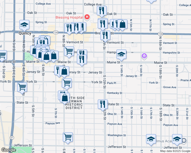 map of restaurants, bars, coffee shops, grocery stores, and more near 219 South 11th Street in Quincy
