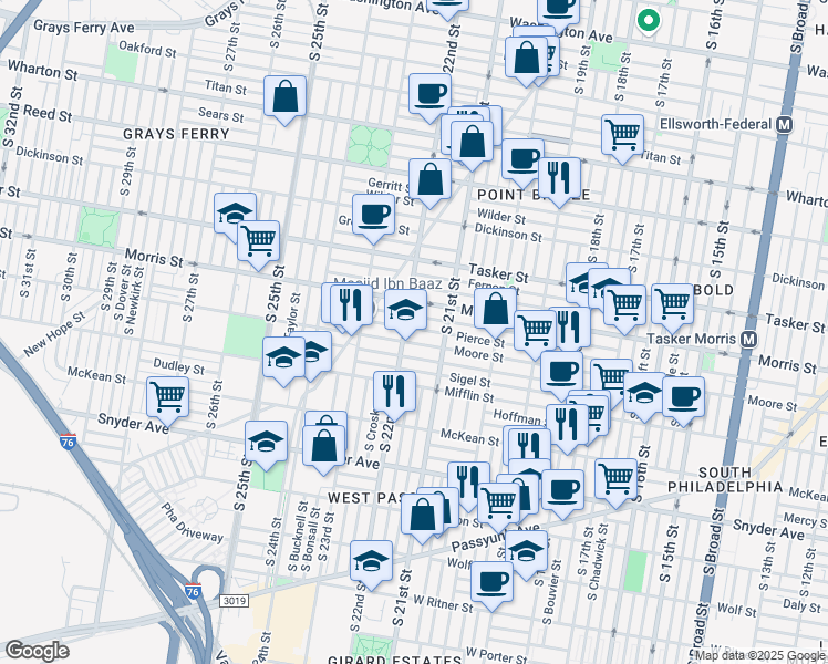 map of restaurants, bars, coffee shops, grocery stores, and more near 2142 Pierce Street in Philadelphia