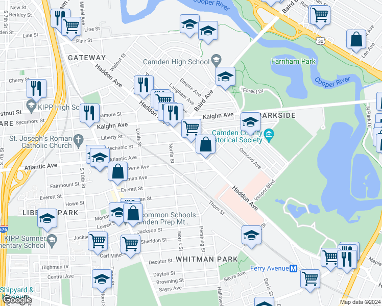 map of restaurants, bars, coffee shops, grocery stores, and more near 1342 Atlantic Avenue in Camden