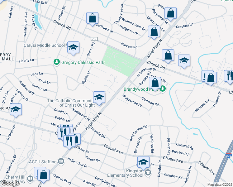 map of restaurants, bars, coffee shops, grocery stores, and more near Kings Highway North & Greensward Lane in Cherry Hill