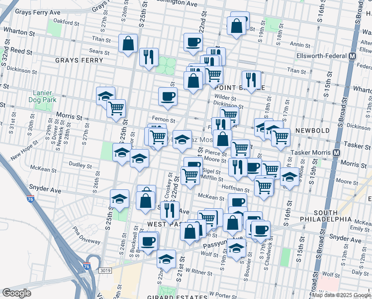 map of restaurants, bars, coffee shops, grocery stores, and more near 2144 Pierce Street in Philadelphia