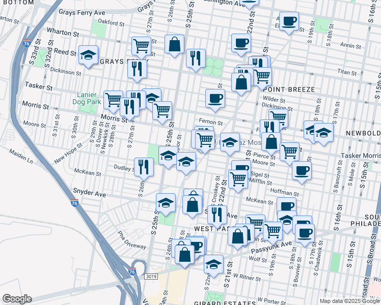map of restaurants, bars, coffee shops, grocery stores, and more near 2328 Moore Street in Philadelphia